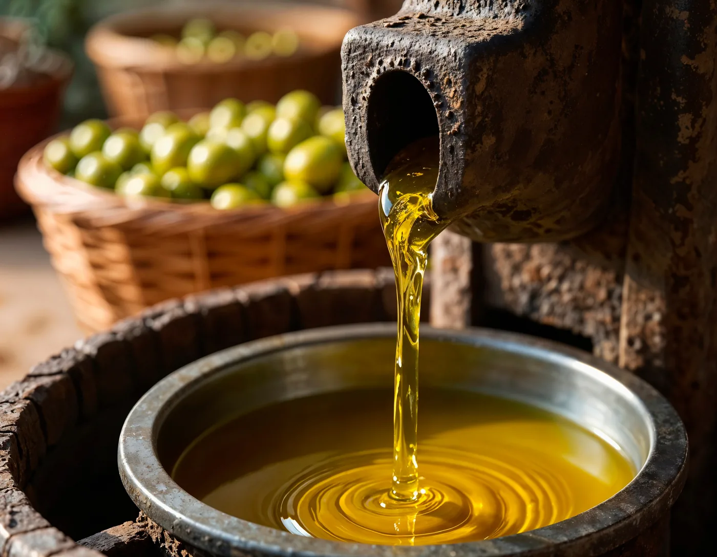 Aceite de oliva virgen extra cayendo recién molturado junto a cestas de aceitunas