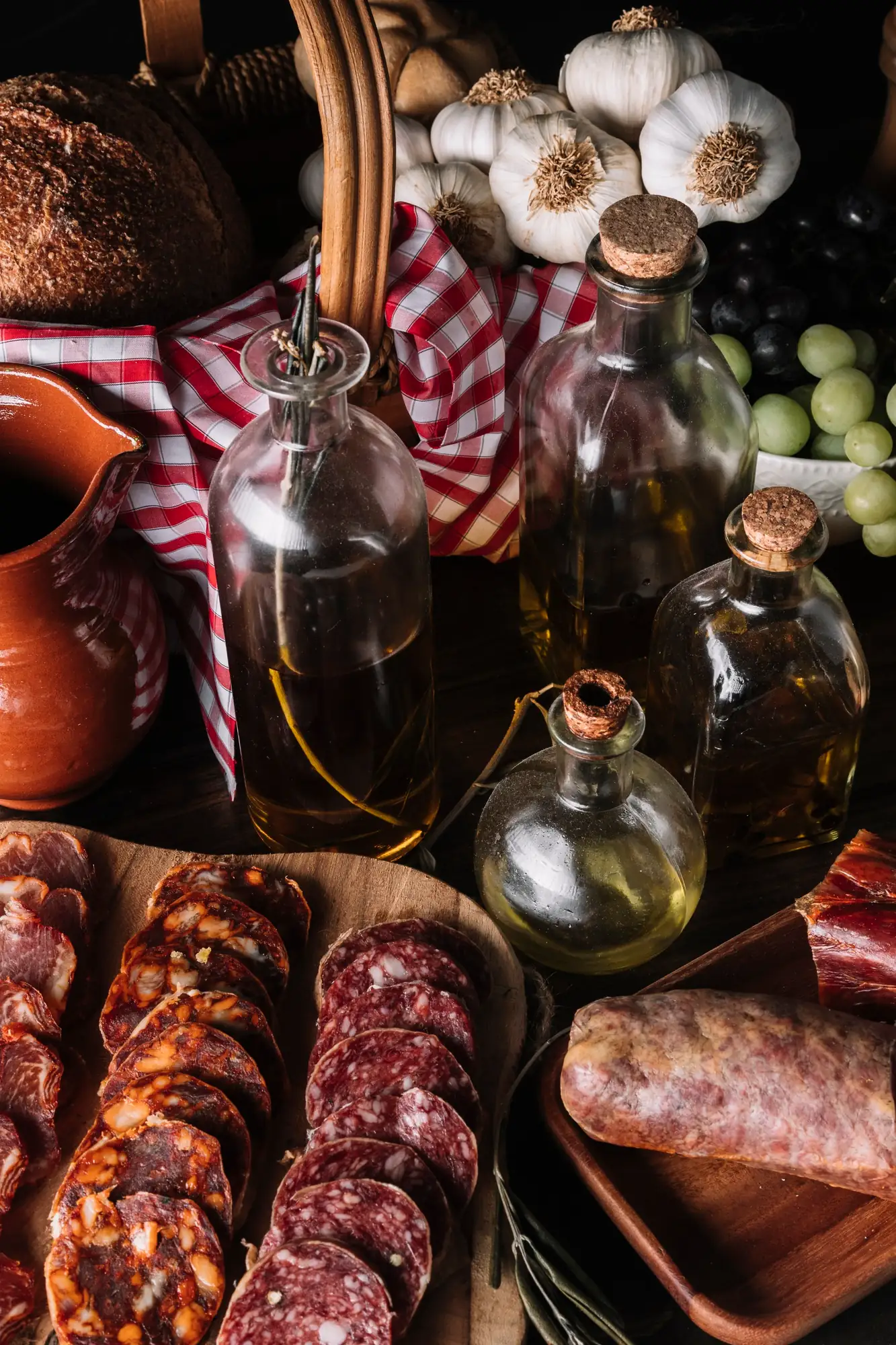 Productos con Denominación de Origen sobre una mesa: embutidos, aceites, pan y ajos